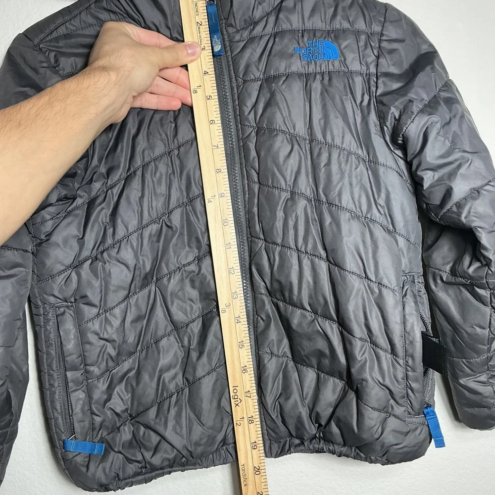 The North Face Puffer Jacket Boys S 7/8 Reversible Gray Blue Hooded Head Gloves